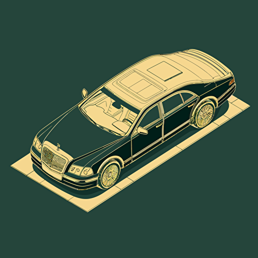 isometric world, two-tone gold over dark green 2003 Maybach 57, parked on street in Chicago, in the style of Matthew Skiff illustrations, in the style of Christopher Lee illustrations, in the style of Jonathan Ball illustrations, simple, rough-edged drawing, vector illustration, flat art,