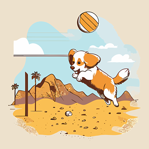 cute, adorable, cartoon puppy hitting volleyball in the air with nose, three colors only, on white bg, vector style, Salt Lake City skyline