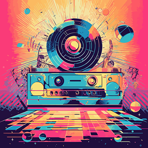an awesome retro poster, with retro colors a disco ball, vinyl records and music notes all over, boombox in the middle vector, pink floyd style