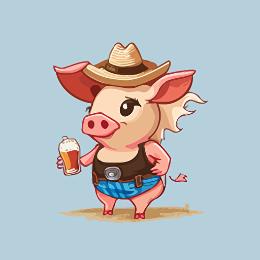 pig, female, baywatch, cowboy hat, beer in the hand, blonde hair, fun, playful, cartoon, super cute, beach, 2d, vector, flat