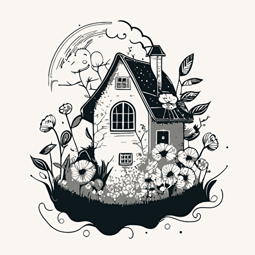 vector style, logo of a house with the attic bursting with a garden out of the top of the house. Cute cartoon, black outline