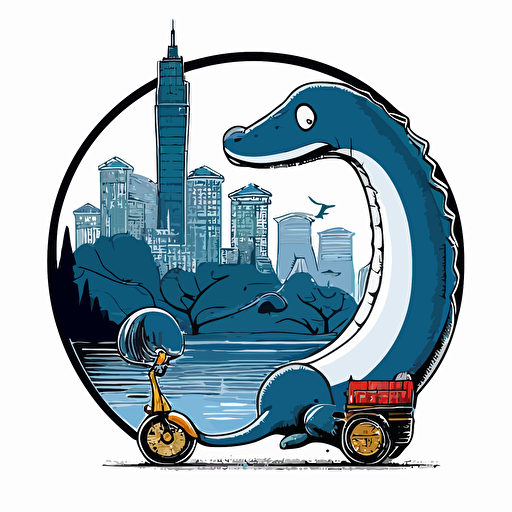 loch ness monster in bad part of the city riding a tricycle, vector logo, vector art, emblem, simple cartoon, 2d, no text, white background