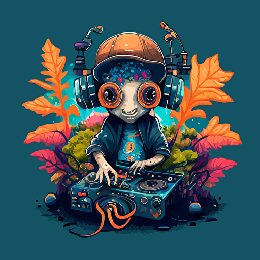 an odd little creature from another dimension DJing, colourful, logo design, vector, illustration, super detailed