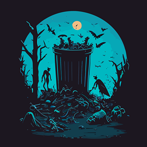 vector illustration of a gothic scene of a trash can filled with human bones and scavenger aliens scouring the land