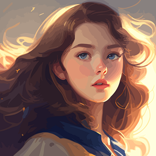 a teenage girl idol with light brown long wavy curly hair and blue eyes, gazing in wonder at a quasar, Clear, detailed face. Clean Cel shaded vector art by lois van baarle, artgerm, Helen huang, by makoto shinkai and ilya kuvshinov, rossdraws, illustration
