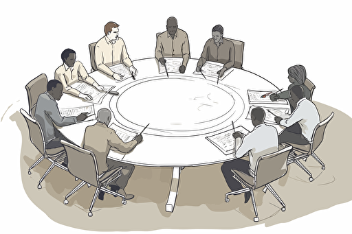 a vector illustration of a diverse business person writing or drawing at a round table. White background