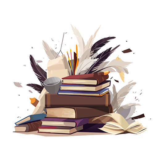 vector image with white background of a desk piled with books and quills