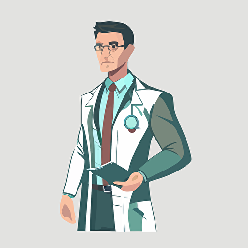 Create a 2d vector art style image of a doctor wearing a suit with a white background. The doctor must be anatomically correct and needs to be holding a tablet with his hands and must be looking at it. The overall style should be modern and sleek, and he should look like a superhero.
