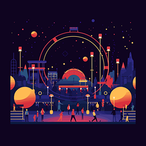 simple flat illustration of a fairgrounds at night with a few people, limit 5 colors, minimalist vector drawing