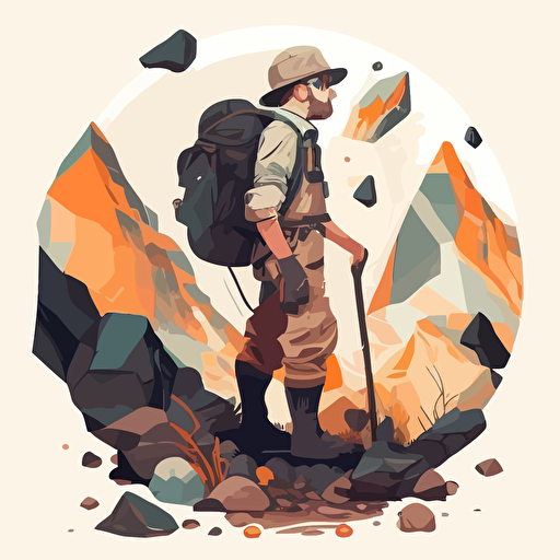 a geologist that looks lost but is actually prospecting for rocks in a vector art style