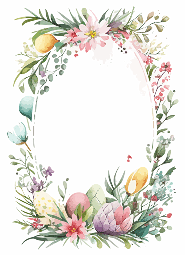 easter theme rectangle frame to the edge watercolor, flowers, white background, minimalistic, simple, vector