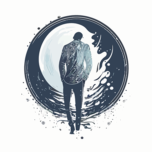 design logo for a men's clothing brand. 2D. the logo is indigo blue and white in a minimalist design. simple structure, white background. vector, HD. it is of a full moon with a wave crashing and intersecting it below