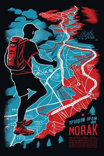hiking map, blue, red and white colors, pop art deco illustration, hand vector art, black background,