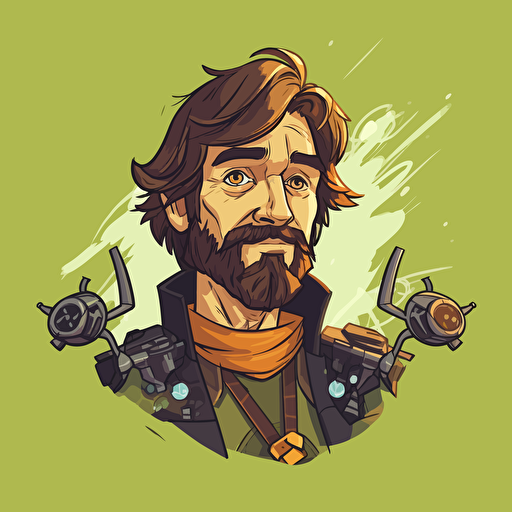 vector illustration of a half-elf artificer, male, a small amount of facial hair, shaggy brown hair, flying a drone