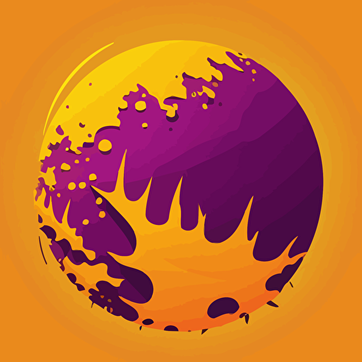An orange planet shaped like a coin orbiting around a large purple sun, limited color palette, vector, simple