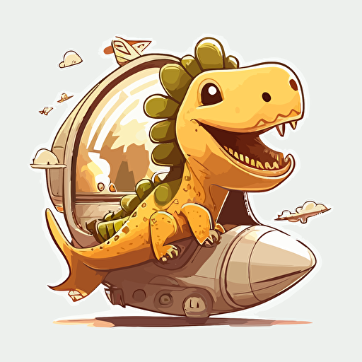 dinosaur flying in a spaceship, cute happy smiling adorable, vector illustration style