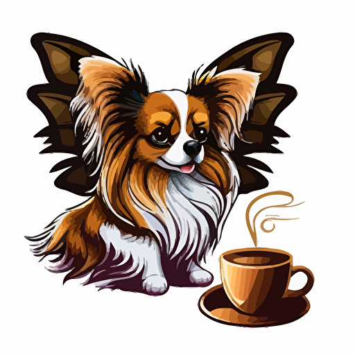 papillon dog with a cup of coffee logo, vector art, clipart, cartoonistic with white background