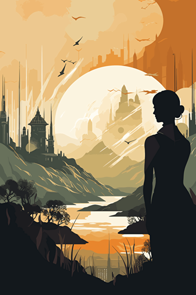 movie poster, fantasy and science fiction, female hero, city, mountains, drama, minimalistic vector art,