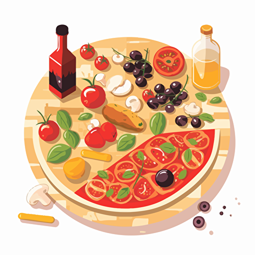 very simple flat illustration of pizza ingredients on white background, vector art, no outline