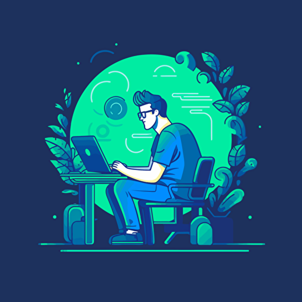 a flat vector illustration in #1d3c46 blue and #80c926 green. Cartoony, simple, tech company style, of a person using a computer