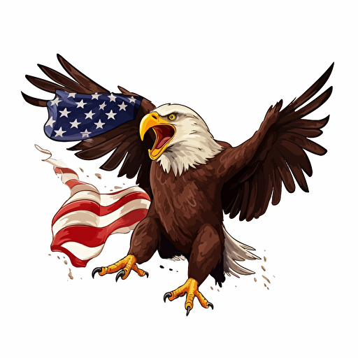bald eagle in an attack pose, dressed as the american flag, looking very patriotic, vector sticker cutout white background