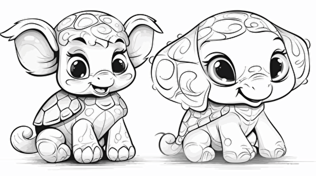 a cute turtle, a cute elephant, disney cartoon style, black and white, coloring page, vector, hd