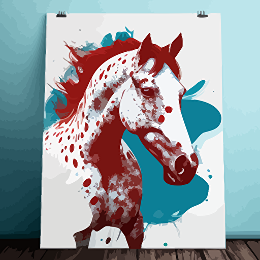 poster, publicité, cheval appaloosa couleur marron et blanc, style 1800, theme bleu blanc rouge, illustration, vectorized, flat, sans fond