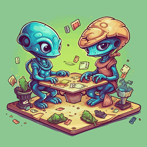 two aliens playing a board game, colorful, sticker, vector, detailed