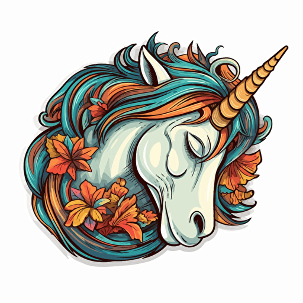 A sleeping unicorn, Sticker, Lovely, Dark, Digital Art, Contour, Vector, White Background, Detailed