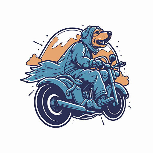 Vector logo that depicts a a dog with blue fur riding a motorcycle and a goose going on an off-road adventure in the mountains