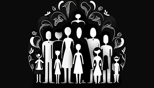 a white logo of big family, vectorised, no text, black background,
