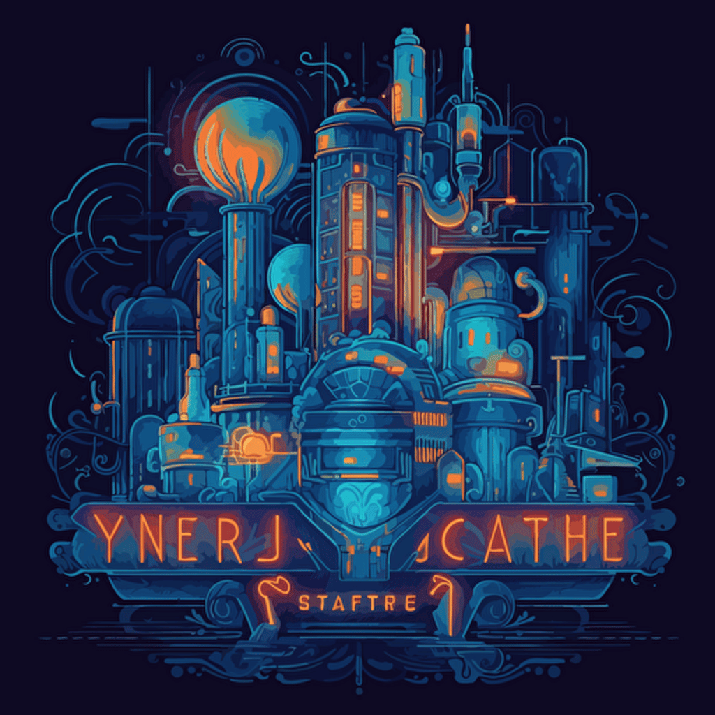 vector neon sign logo in 2d of a cityscape, in the style of neon art nouveau, cyberpunk artifacts and distortion overlay, detailed scientific subjects, adafruit, translucent color, thought-provoking, symmetrical arrangements, melancholic