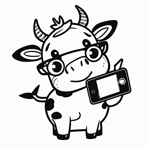 A cute cow chibi, vector, black and white, coloring page, disney on selfie