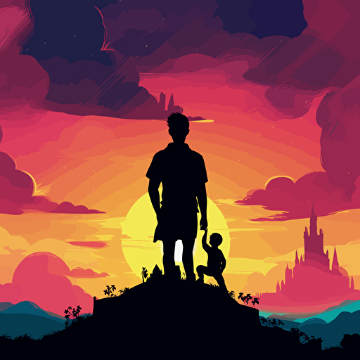 vector art, silouhette, a young child sitting on their dad's shoulders, as they look at the sunset. perspective from the back, fun colors and kid friendly vibes