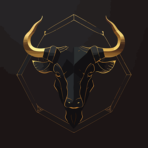 Black bull face silhouette, in a golden hexagon, and a minimalist crown above the hexagon, vector.