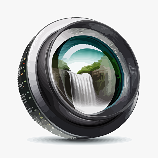 Vector illustration of a lens, waterfall inside the lens, nothing outside, white background, super clean logo