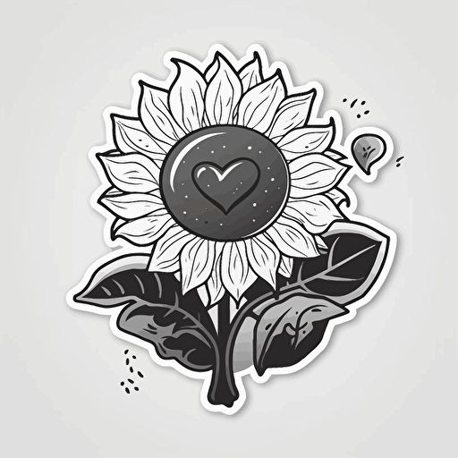 a sticker with a heart,a sunflower and a sun, in cartoon minimalistic style, illustration, vector in black and white