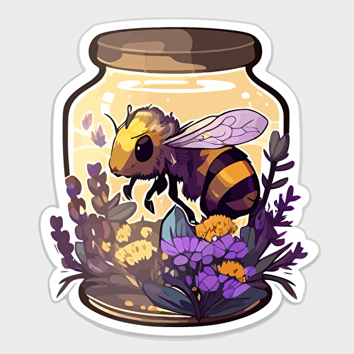 Vector sticker style, transparent background, cute kawaii style, yellow and brown honey bee collecting honey off purple wildflowers