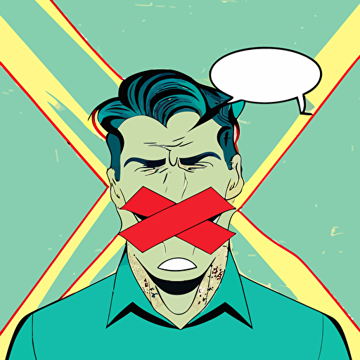 A man with tape on his mouth in an x shape, cartoon style, vector art