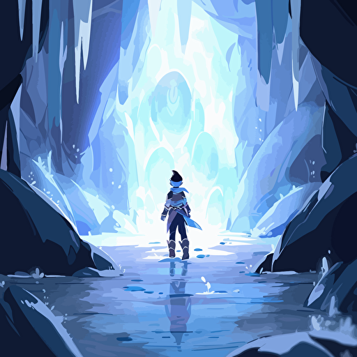 Vector illustration of Sokka, zoomed out in an ice cave, Aesthetics clean and minimalist, abstact water background, with dramatic lighting