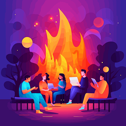 colorful comic illustration of bonfire over conversation, colorful vector, game ui design, simple colors, clean background, simple abstract illustration style, premium