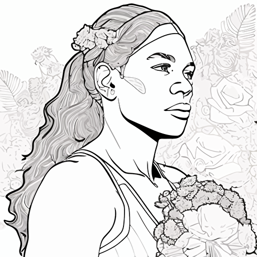 SERENA WILLIAMS png outlined vector for coloring with backgroung flowers, planets and nature