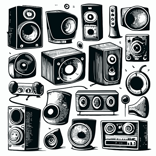 BLACK AND WHITE HAND DRAWN SPEAKERS VECTOR DOODLE