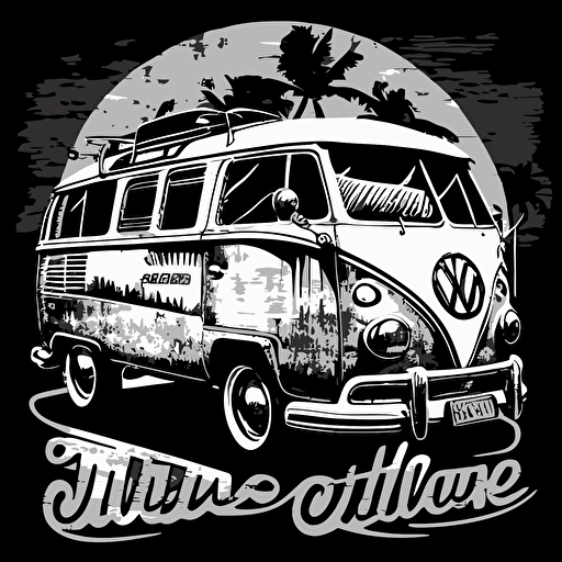surfers, surfboards, santa cruz California, vw van, black and white, vector, logo