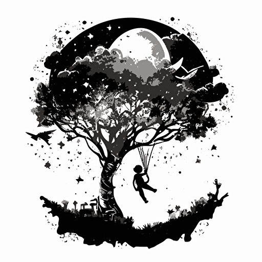 Little boy flying above magical tree. black and white vector illustration