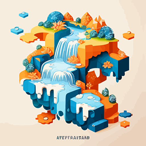 Vector logo of a cascading waterfall with floating islands with gadgets made of jigsaw puzzles, blue and orange