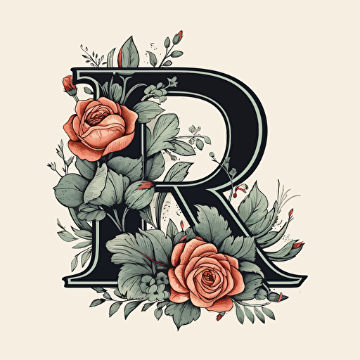 letter R logo, cute, flowers, excessive detail, black white, no background, white background, vector