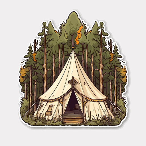 Tent in woods, Sticker, Blissful, Earthy, Folk Art, Contour, Vector, White Background, Detailed