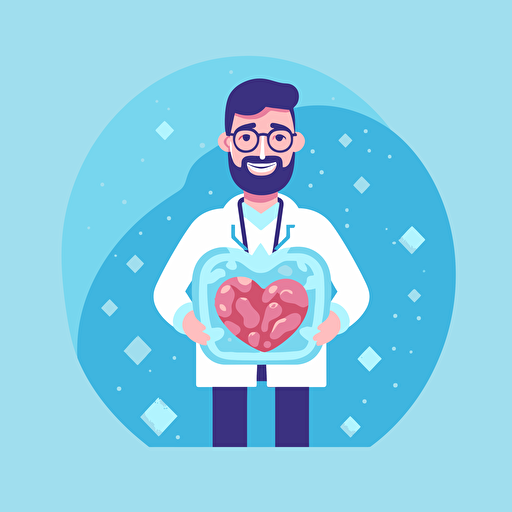 a medical doctor holding a box full of ice, and on top of the ice there is a liver organ, in a hospital, before transplanting the organ to a patient, simple vector style