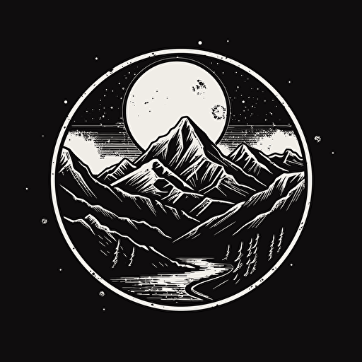 a vector monochromatic logo that includes a mountain and moon background